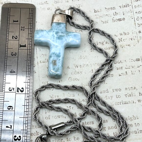 Large Larimar Sky Blue Carved Stone Cross Pendant Necklace Rope Chain Silver - Picture 6 of 9